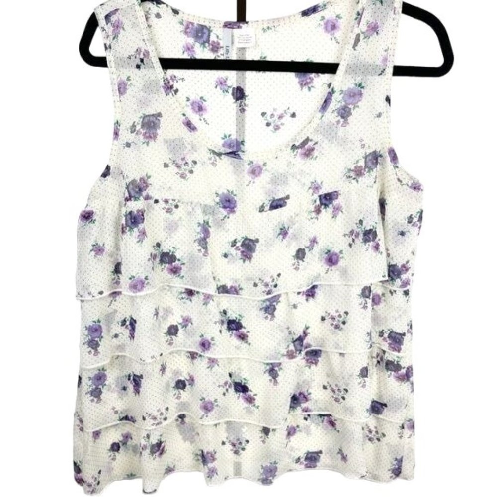 Lilly Lou White Floral Polka Dot Sheer Layered Ruffle Sleeveless Top Size Large